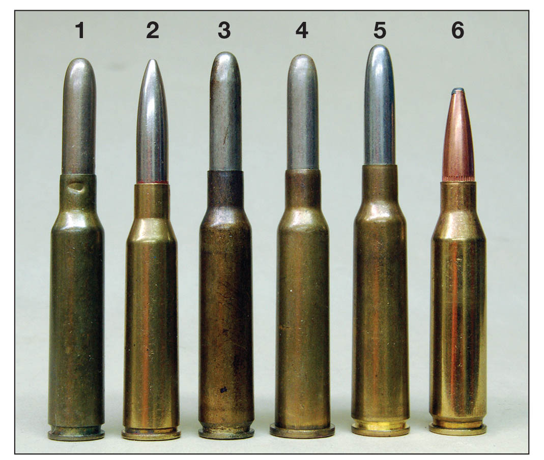 These cartridges include a (1) 6.5 Carcano, (2) 6.5 Arisaka, (3) 6.5x54 Mannlicher, (4) 6.5x53R, (5) 6.5x55 Swedish and a (6) .260 Remington.